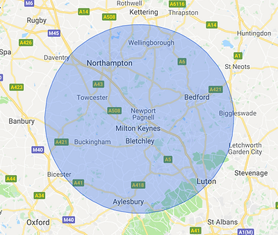 A map of the area served by Rachael Inwood. MK, Northampton, Bedford, Luton, Aylesbury