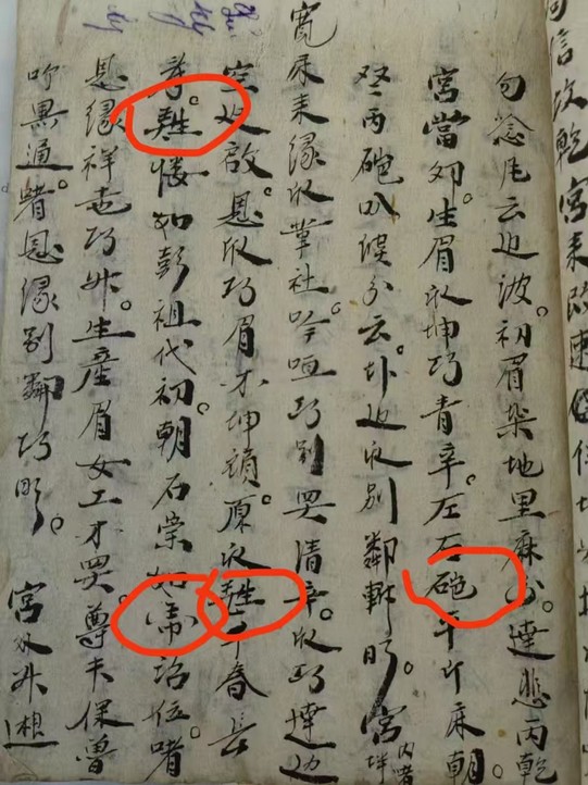 A manuscript page used in my SfAA presentation, with handwritten characters, blue notes and red circles around selected forms