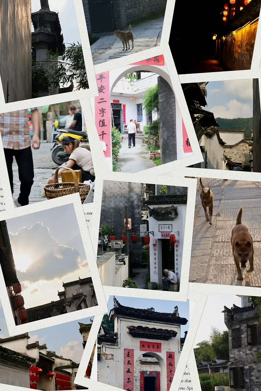 A collage of small photographs of old buildings, doorways, and personal encounters from the Huangshan field notebook.