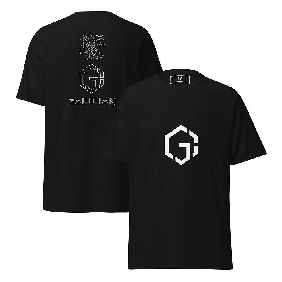 GAWDian black t-shirt front and back