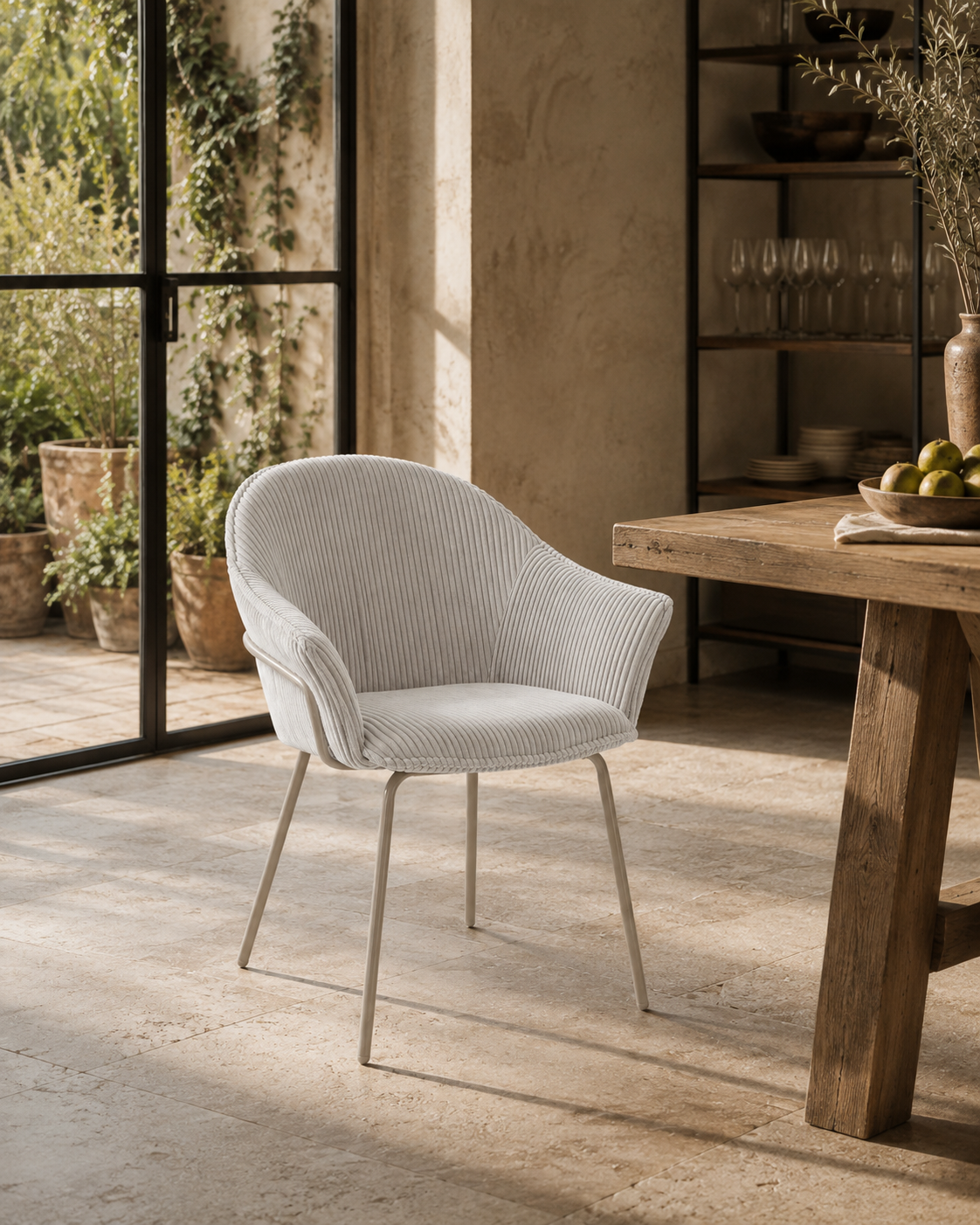 Elena dining chair with armrests in fabric and metal