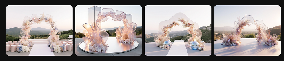 Elegant wedding arches adorned with pastel flowers, set against a scenic mountain backdrop under a clear sky, creating a serene ambiance.