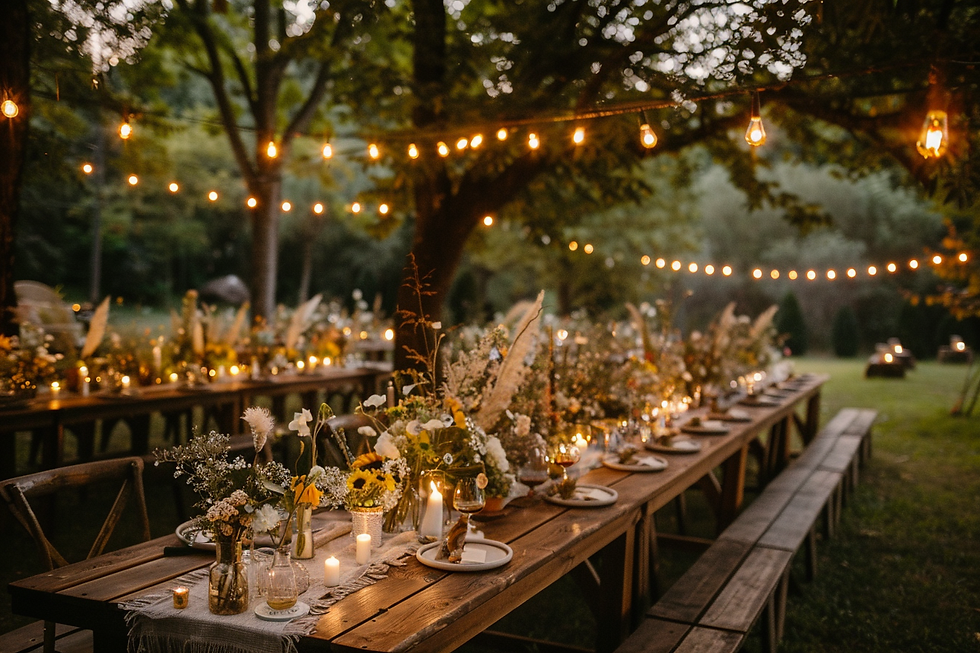 Close-up view of wedding table setting with candles and floral centerpiece