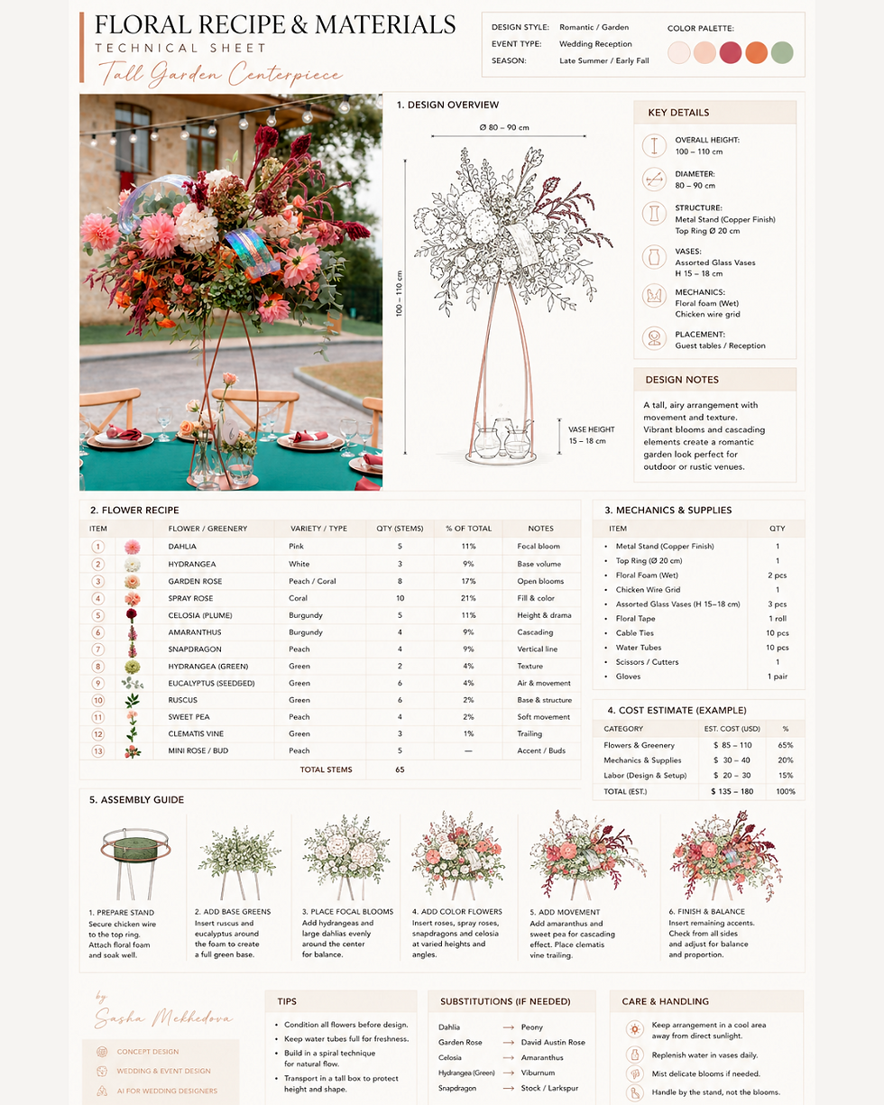 AI-generated wedding design technical sheets showing floral recipes, ceremony structures, materials, platforms, color palettes, and luxury wedding concept breakdowns for wedding designers using AI.