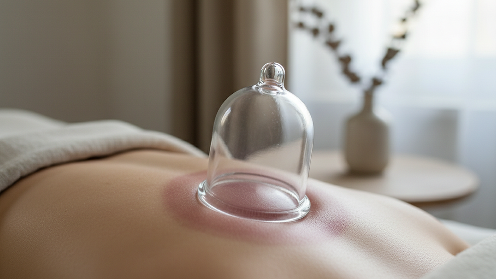 Close-up view of a cup used in cupping therapy on a person's back