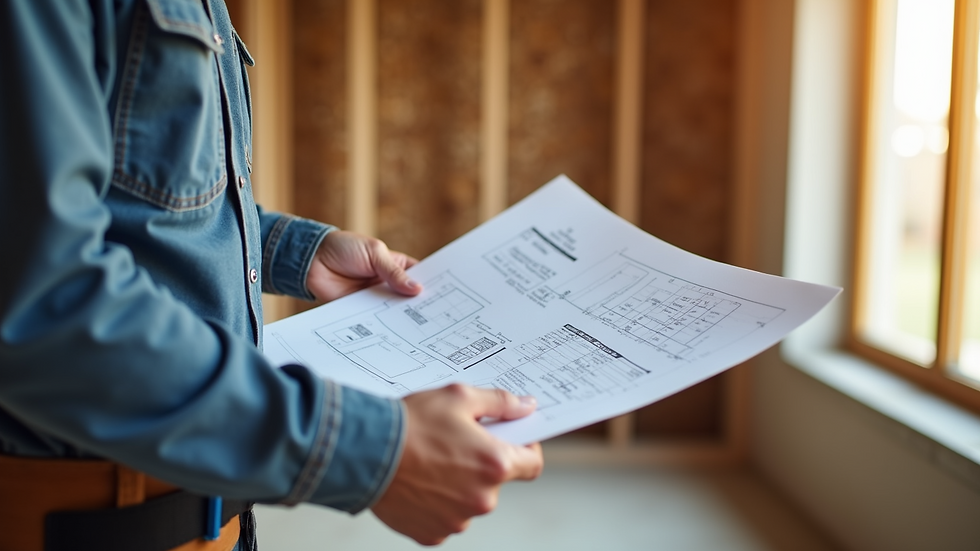 Close-up view of a contractor reviewing blueprints on a home renovation site
