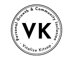 A simple circle logo that is black and white. The letters "VK" for Vitalize Kitsap are surrounded by the words Personal Growth & Community Inclusion.