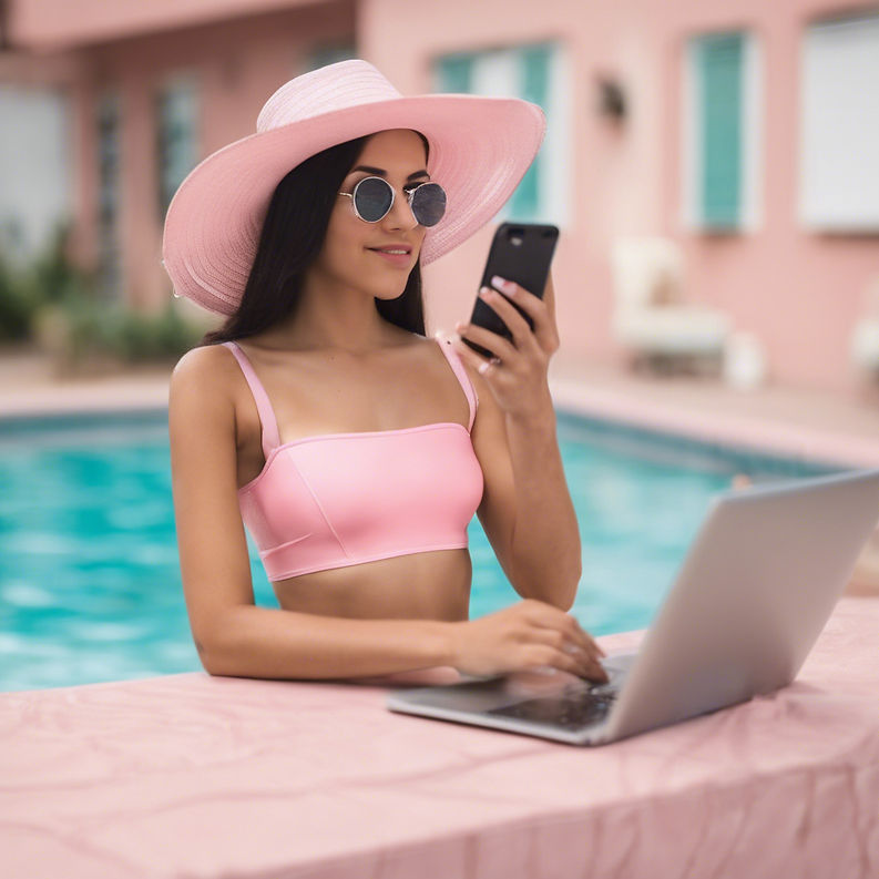 Latina  girl wearing a light pink swimming suite  looking to buy online.jpg