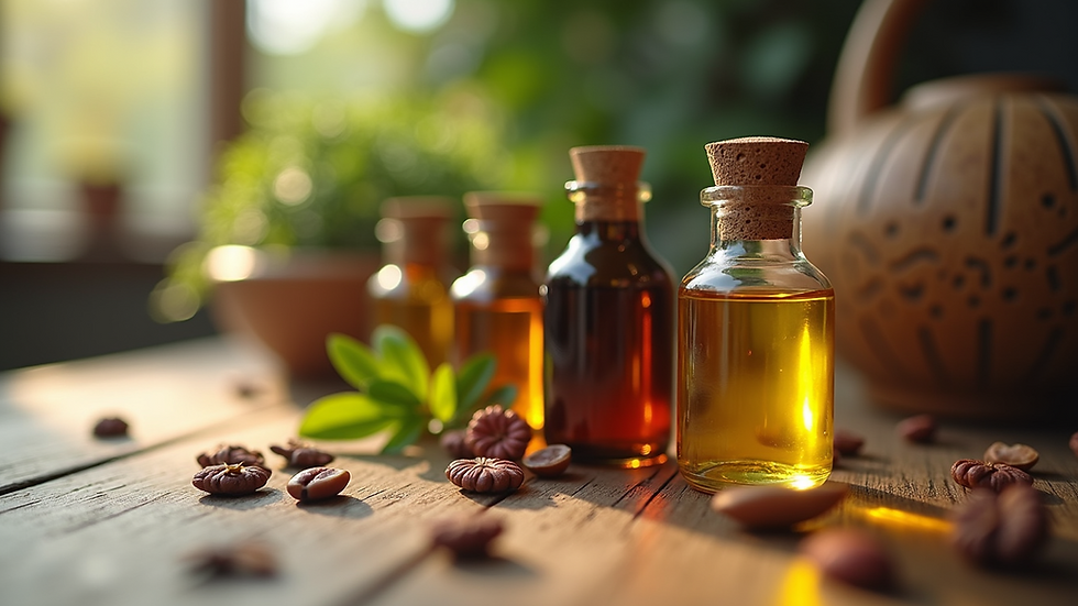 Close-up view of aromatic essential oils in decorative jars