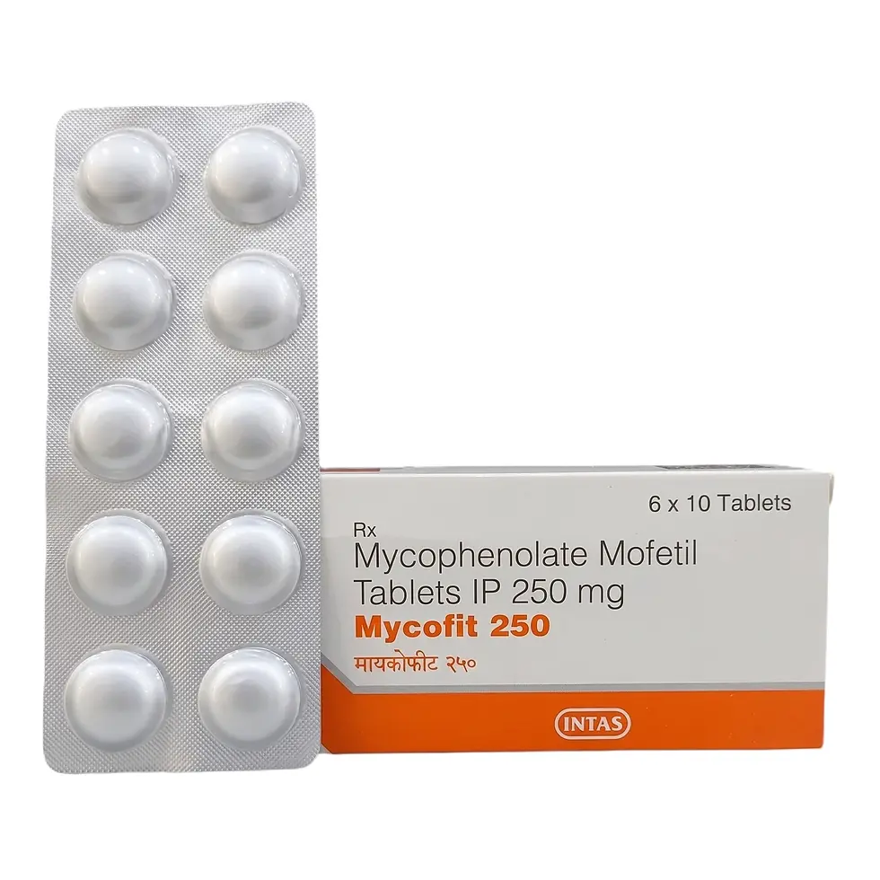 Mycofit 250 mg Tablet front strip and box image