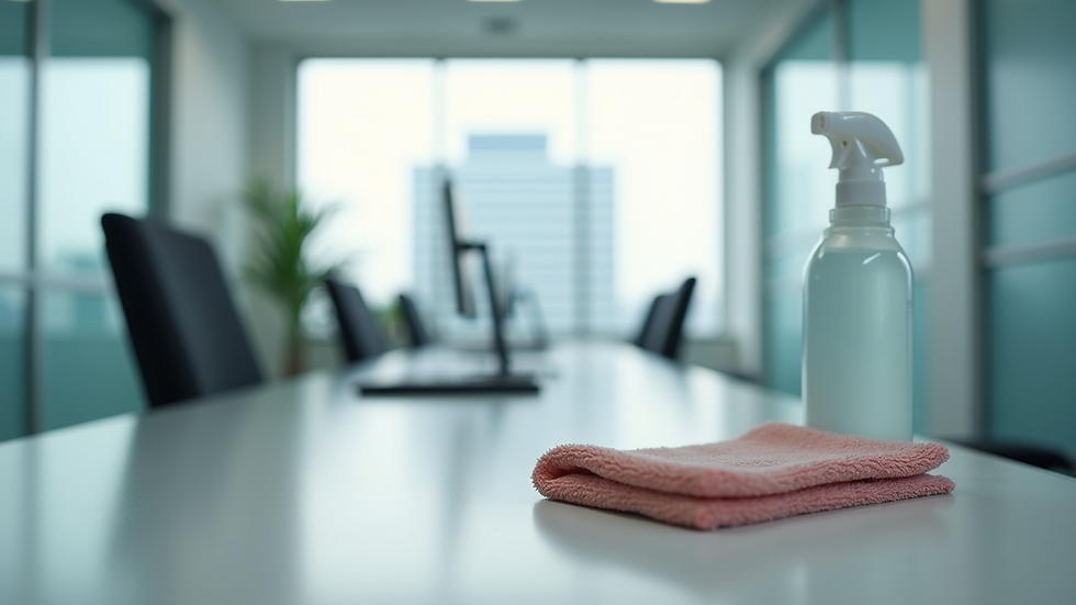 Close-up view of a sanitized office desk with disinfectant spray and cloth