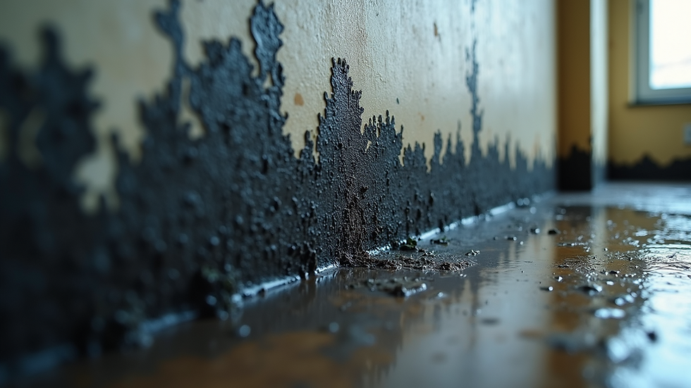 Close-up view of black mold growth on a damp wall