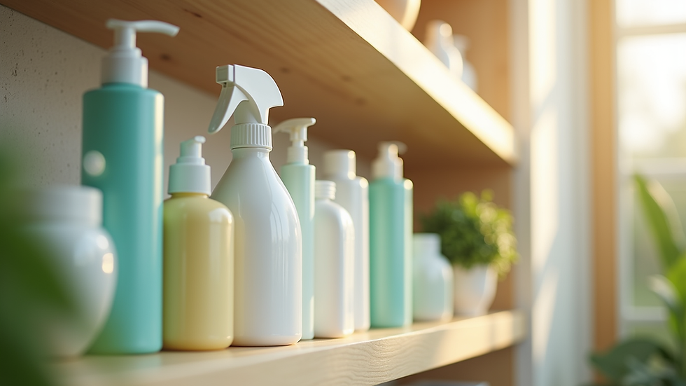 Close-up view of eco-friendly cleaning products arranged on a shelf