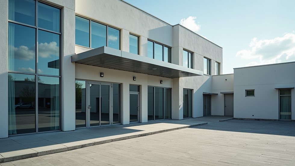 High angle view of a clean commercial building exterior after restoration