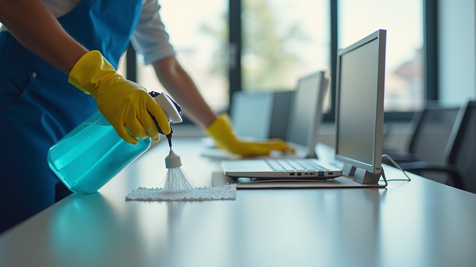 Close-up view of a professional cleaner disinfecting an office desk