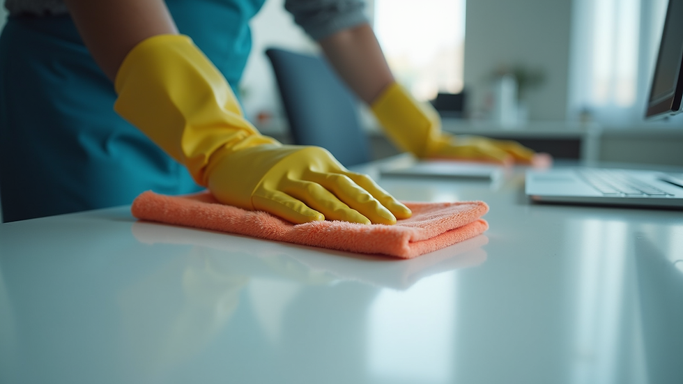 Close-up view of a professional cleaner wiping a desk surface