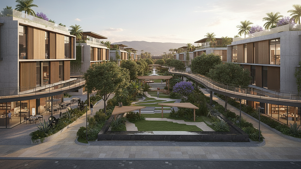 Plano urbano con integración de áreas verdes y corredores peatonales