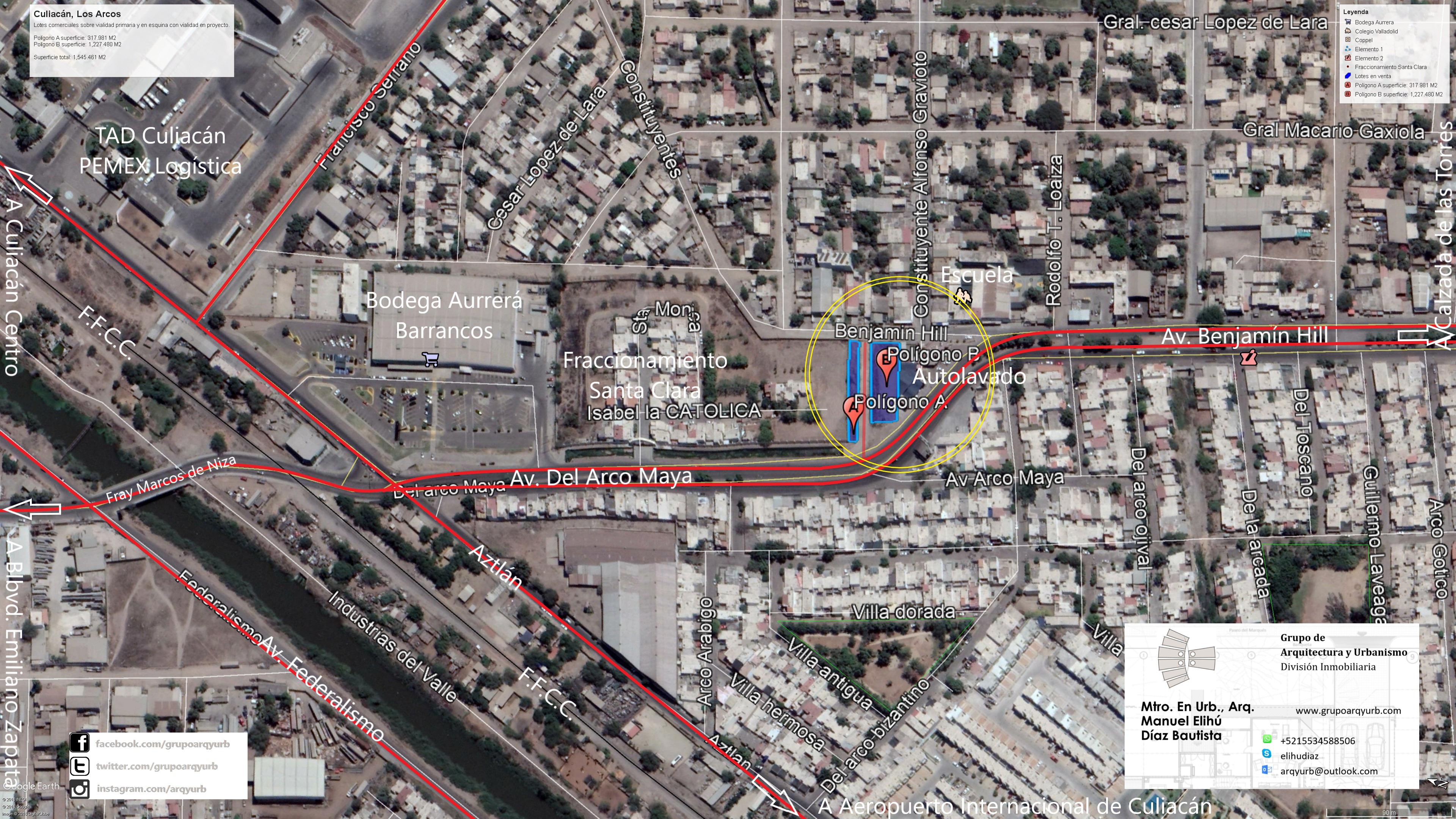 Dos esquinas de distinta dimensión estructuraron este caso de evaluación y promoción con Homex. Trabajé con una superficie conjunta de 1,545.46 m²: un polígono de 317.98 m² y otro de 1,227.48 m². El catálogo conservaba 317.981 m² para el primero y los identificaba como polígono Barrancos, junto al fraccionamiento Los Portales y a Santa Clara; la publicación los presentó como Los Arcos.
La ubicación sobre el bulevar Benjamín Hill, en relación con Arco Maya y Fray Marcos de Niza, aportaba acceso y exposición en el sector sur de Culiacán. El uso indicado era comercial; se plantearon locales, bodegas y alternativas de vivienda social y media como parte de la promoción. Distinguir el uso señalado de los programas explorados era necesario para explicar el alcance de la oferta.
Se manejaron referencias de diez minutos al aeropuerto y al Country Club. El precio conjunto fue de $3,741,000 MXN.