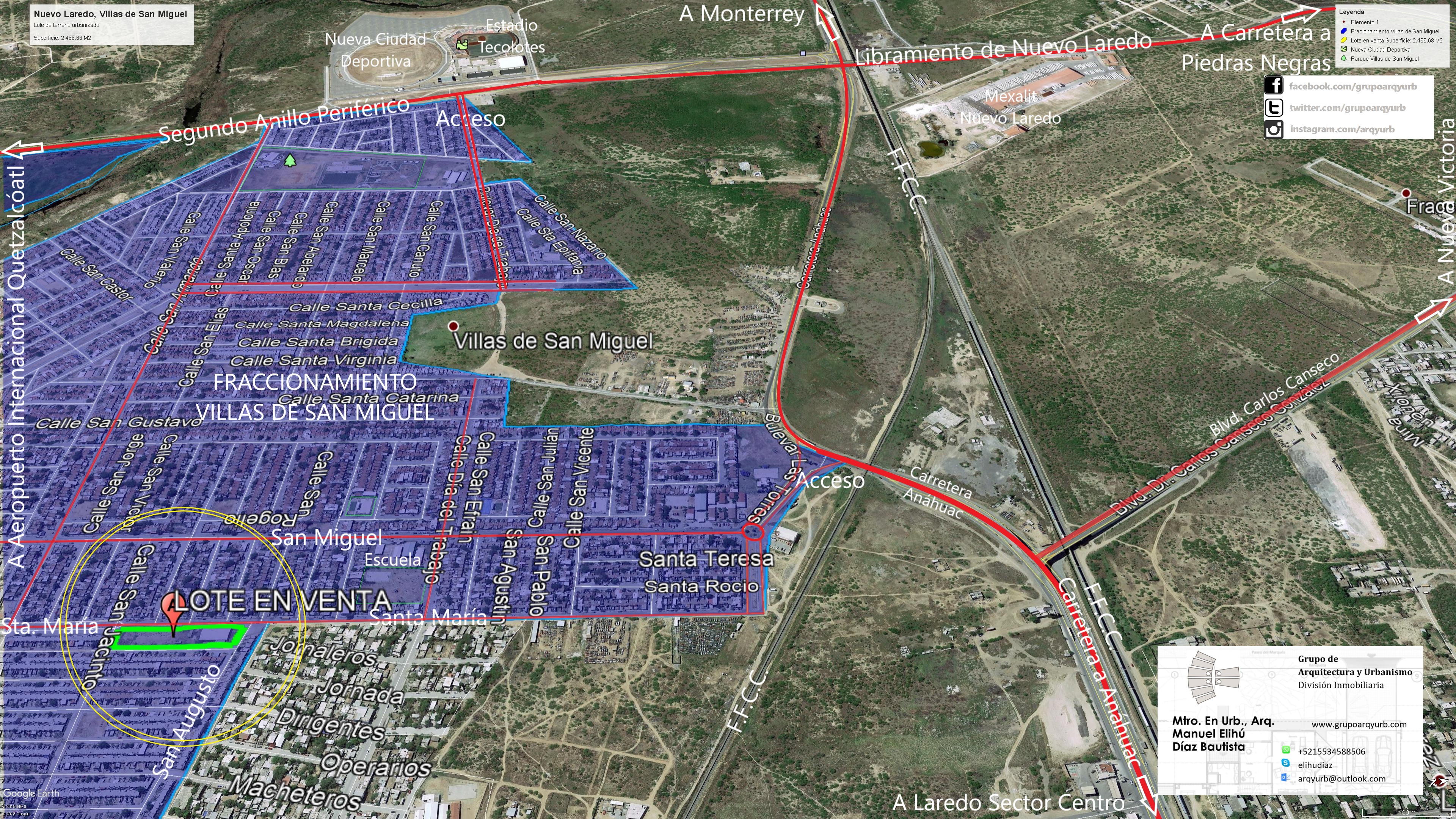El frente al bulevar Santa María fue el punto de partida de mi evaluación de estos lotes, entre las calles Augusto y San Jacinto. Su promoción con Homex comprendió 2,466.68 m² dentro del desarrollo Villas de San Miguel, en un sector de vivienda de interés social y crecimiento urbano.
Se manejó uso habitacional y una vocación comercial asociada a la exposición sobre la vialidad principal. Esa distinción era importante: el flujo y la visibilidad aportaban valor comercial, pero no cambiaban por sí mismos el uso normativo. El catálogo registraba lotes tipo de 96 m² y esquinas de 114.69 y 144 m².
La localización se explicó con referencias de cinco minutos al periférico, a la unidad deportiva y al estadio de los Tecolotes, y quince minutos al Centro Cultural de Nuevo Laredo. El terreno estaba urbanizado. El precio de promoción era de $2,985,000 MXN.