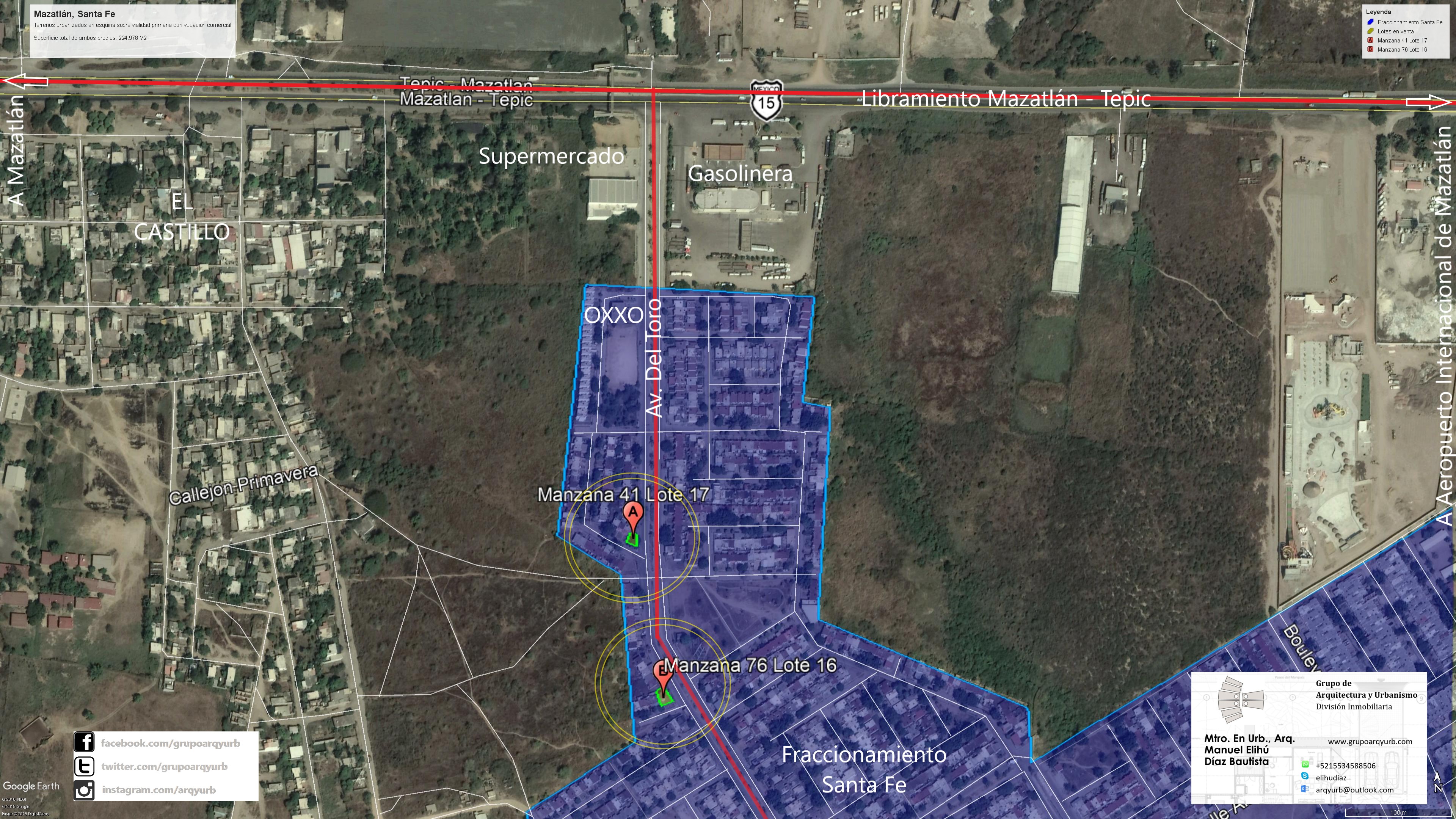En Santa Fe trabajé con dos lotes en esquina, una escala distinta de las grandes reservas territoriales. La evaluación y promoción con Homex comprendió el lote 17 de la manzana 41 y el lote 16 de la manzana 76, con una superficie conjunta publicada de 375 m².
El uso era habitacional y se consideró una vocación comercial por su posición en el desarrollo. La lectura de los frentes, el acceso y la relación con las viviendas próximas resultaba más determinante que el tamaño por sí solo. La promoción los situaba a unos quince minutos del centro de Mazatlán y de la playa, como referencias de aquella etapa.
El precio conjunto publicado fue de $186,000 MXN. El importe exacto permite leer correctamente una operación de esta escala.