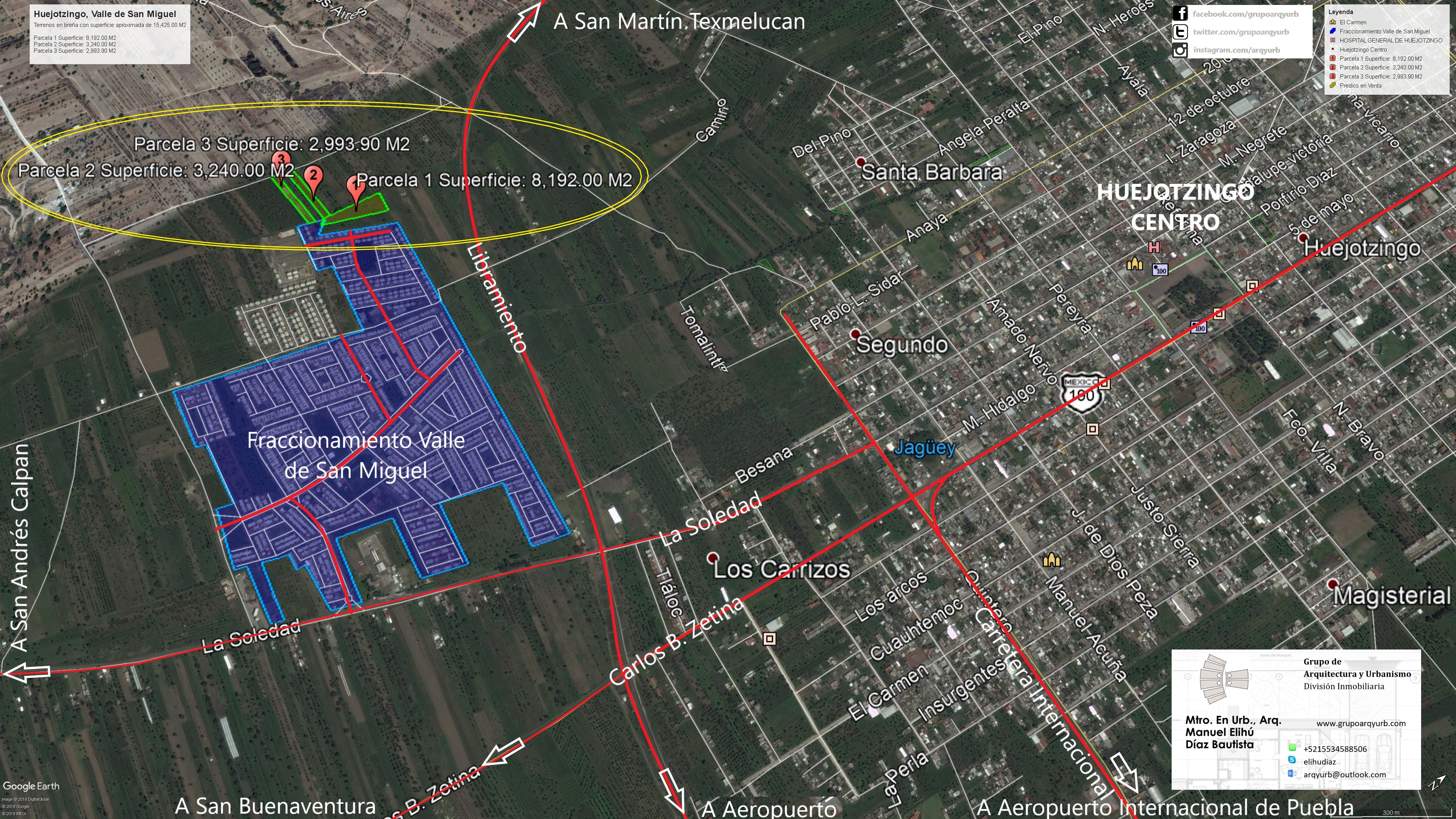 La proximidad a un desarrollo de 4,400 viviendas construidas fue un dato central en la evaluación de estas tres parcelas. Participé en su promoción con Homex al suroeste de Huejotzingo, sobre la calle San Alfonso, junto a Valle de San Miguel.
Trabajé con una superficie total de 14,425.90 m²: parcela 1, 8,192 m²; parcela 2, 3,240 m²; y parcela 3, 2,993.90 m². Eran terrenos en breña y con vegetación. La vecindad con vivienda existente abría una lectura de complementariedad urbana para programas habitacionales o comerciales, sin que esa vocación equivaliera por sí misma a una clave de uso autorizada.
El caso exigía valorar la posición de cada parcela respecto de los accesos y del conjunto ya habitado. En la promoción se utilizaron referencias de diez minutos al centro municipal y al aeropuerto de Puebla. El precio conjunto era de $7,141,000 MXN.