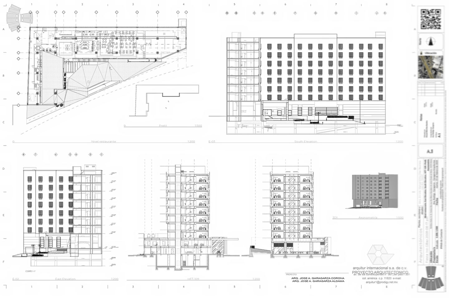 Vista del acceso principal y modelado en 3D de la estructura del Fiesta Inn Gustavo Baz.