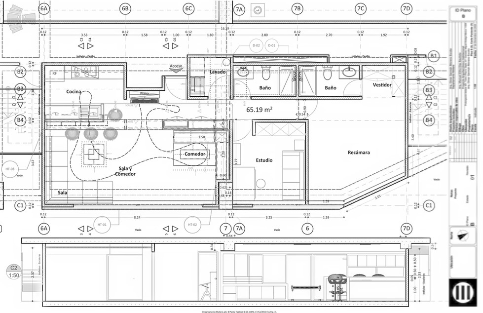 Vista de planta y secciones del departamento con mobiliario integrado y diseño ergonómico.  