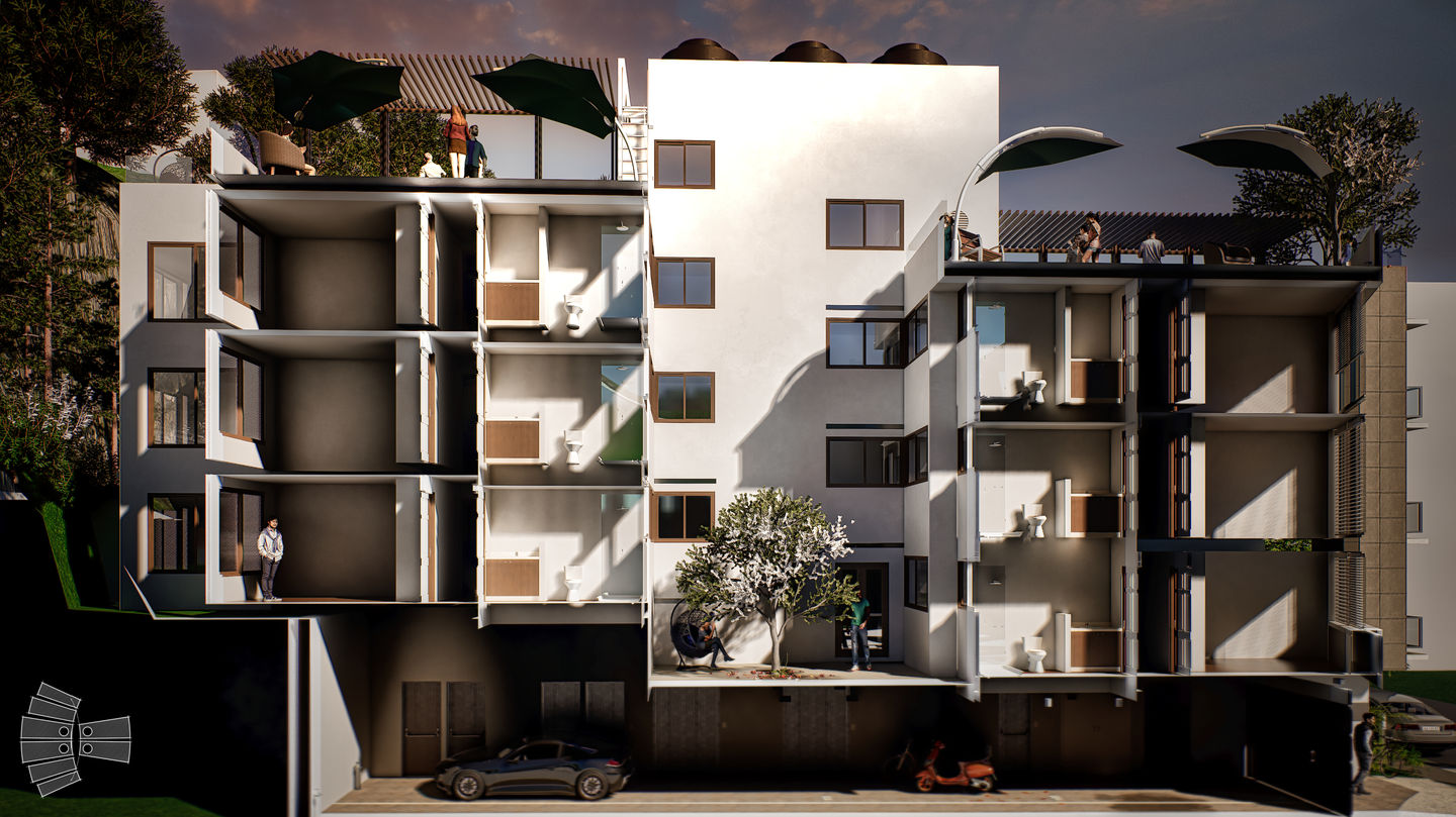 Fachada lateral con balcones geométricos, áreas verdes y diseño moderno en tonos neutros.