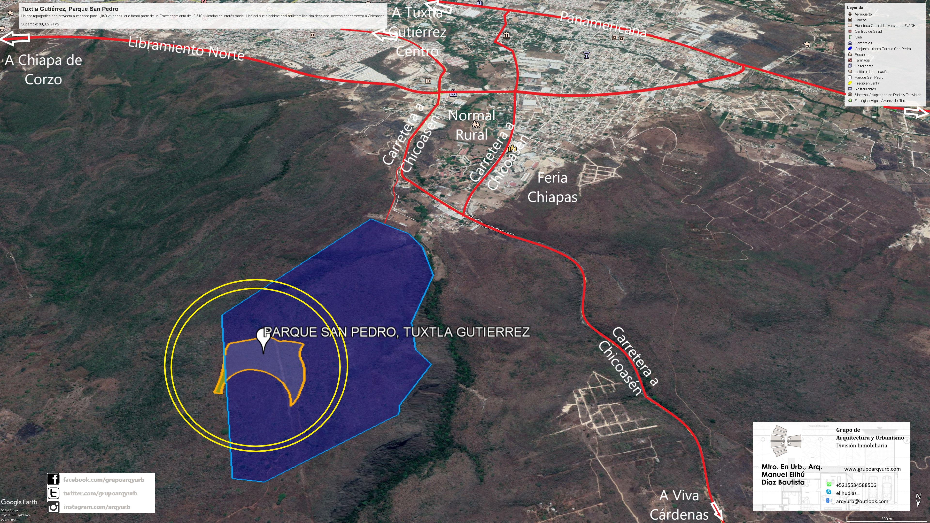 La capacidad habitacional fue central en mi evaluación y promoción de Parque San Pedro con Homex. La reserva tenía 90,327.91 m² y un proyecto autorizado de 1,040 viviendas; formaba parte de un conjunto habitacional cuya autorización comprendía 13,510 viviendas. Es importante distinguir la capacidad de esta fracción de la del conjunto completo.
Trabajé con suelo de uso habitacional multifamiliar, en breña, orientado a vivienda de interés social y con factibilidades de servicios. La relación entre 1,040 viviendas y 9.032791 hectáreas equivalía a aproximadamente 115.14 viviendas por hectárea de la reserva considerada. Ese cociente describe la intensidad del proyecto: no sustituye ni aumenta el número de viviendas autorizado.
El catálogo situaba el predio en el municipio de San Fernando, en el entorno noroeste de Tuxtla Gutiérrez, sobre la carretera a Chicoasén. Señalaba un kilómetro a la carretera y a la Calzada al Sumidero, cinco minutos al Mirador de la ciudad y tres minutos a la Feria de Chiapas. La publicación comercial añadió una referencia de quince minutos al aeropuerto Ángel Albino Corzo; esa referencia también formó parte de la promoción realizada en aquella etapa.
El precio de promoción fue de $8,943,000 MXN.