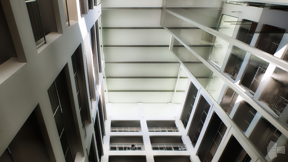 Techo del hospital enfocado hacia arriba, resaltando la geometría y el efecto lumínico en la sanación.