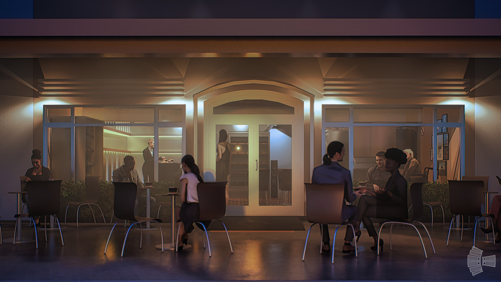 Fachada iluminada de la Pastelería Grupo EBOR por la noche, destacando diseño moderno y accesible.