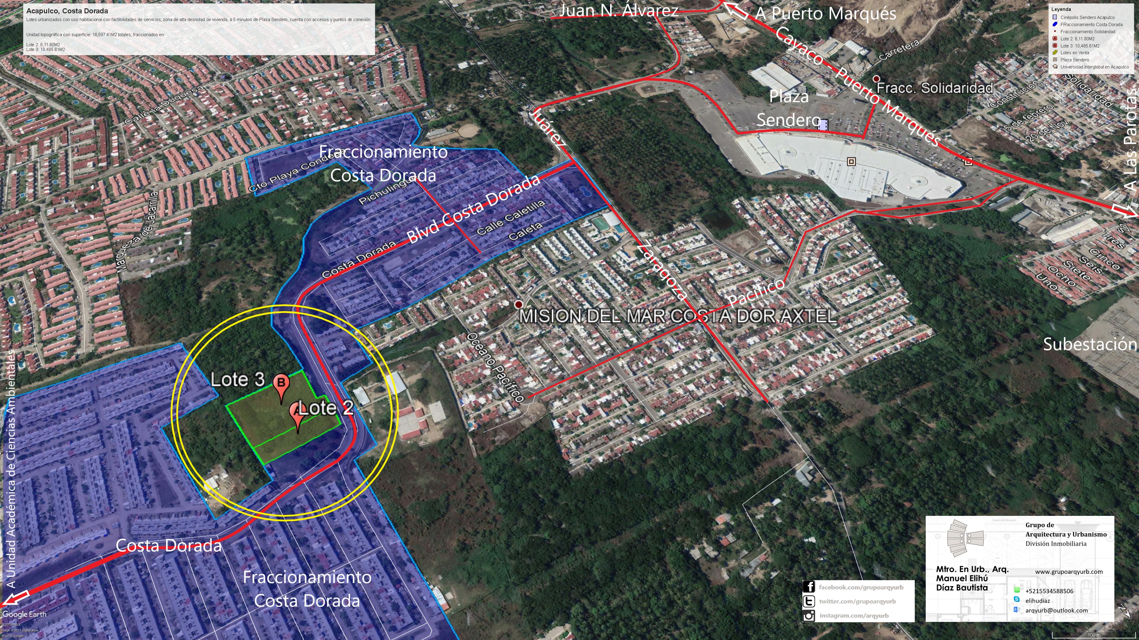 Dos fracciones dentro del desarrollo Costa Dorada concentraron mi trabajo de evaluación y promoción con Homex. Sumaban 16,597.41 m² de suelo habitacional en un entorno urbanizado del sureste de Acapulco. Su relación con el bulevar Costa Dorada y el corredor hacia Puerto Marqués permitía situarlas dentro de una estructura urbana más amplia.
El catálogo distinguía el lote 2, con 6,111.80 m², y el lote 3, con 10,485.61 m². Señalaba factibilidad de servicios y un entorno de crecimiento de vivienda media residencial; la reserva se presentó para vivienda de interés social. Esa diferencia entre segmento del entorno y producto propuesto formaba parte de la lectura comercial.
Durante la promoción se manejaron referencias de tres a cinco minutos a Plaza Sendero, cinco minutos a la carretera Cayaco–Puerto Marqués y diez minutos a Puerto Marqués. El precio conjunto era de $22,822,000 MXN.