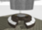 Vista en tercera dimensión de una mesa con un teppanyaki en el centro y asientos para comensales alrededor.
