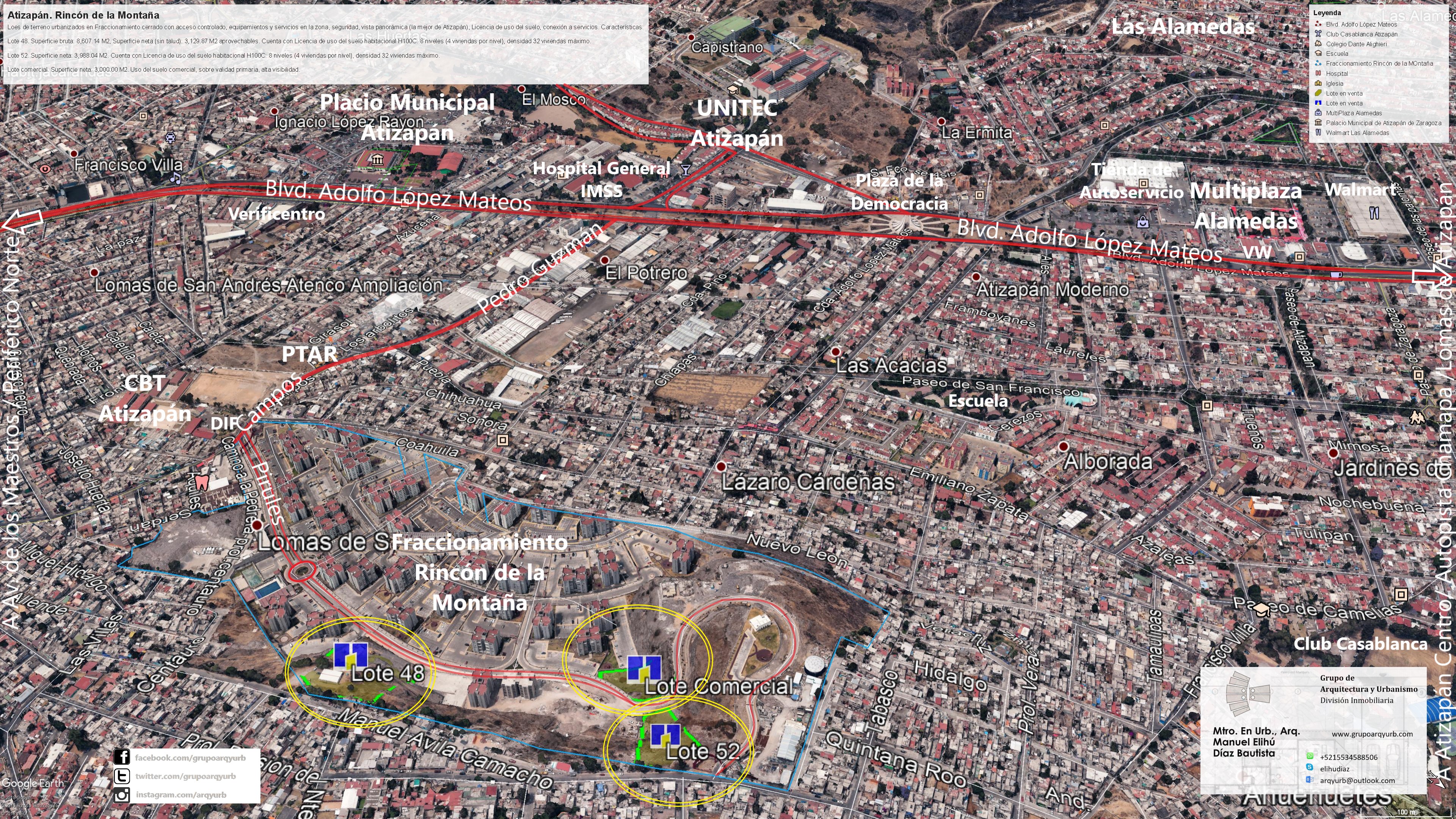 La pieza comercial de Rincón de la Montaña formó parte de mi evaluación territorial y promoción con Homex. La imagen original identificaba un lote de 3,000 m² netos, con uso comercial sobre una vialidad primaria y alta visibilidad, dentro del desarrollo urbanizado con acceso controlado.
La posición al pie de las torres permitía analizar la relación entre el frente comercial, los recorridos internos y la población residente. Contaba con referencias de licencia de uso del suelo, conexión a servicios, equipamientos, seguridad y vistas panorámicas. La forma del predio y el relieve exigían relacionar la superficie con el acceso y la implantación, no tratarla como un rectángulo abstracto.
Este componente se presenta separado de los lotes habitacionales 48 y 52, que tenían superficies y parámetros propios. Mi participación consistió en evaluar sus condiciones territoriales y promover su comercialización, no en atribuirme el diseño arquitectónico de las torres existentes.