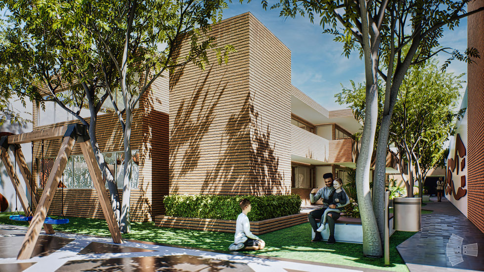 Área exterior de la Escuela Chiconautla que fomenta el juego y aprendizaje con un diseño seguro y estímulo visual.