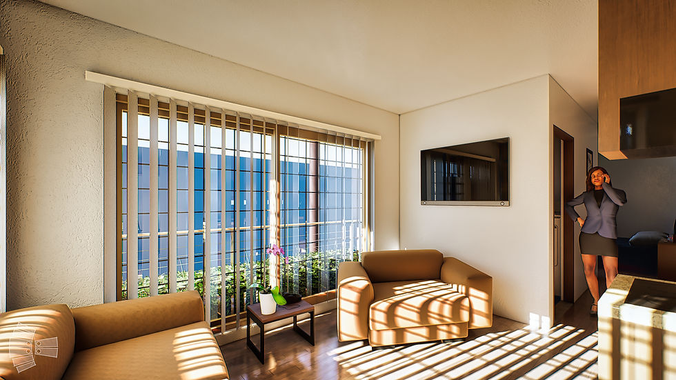 Render de departamento en planta alta en Jardines del Tepeyac, sala de estar con luz de día y persianas con sala color beige