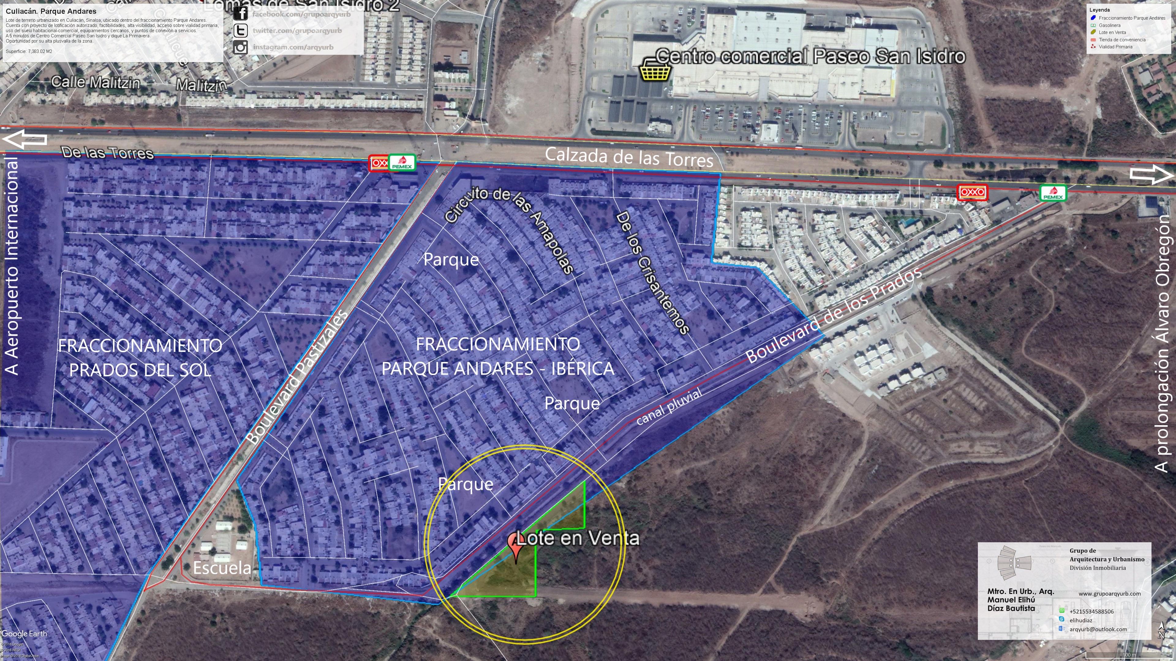 Promoví con la desarrolladora Homex este lote de terreno situado sobre el bulevar de Los Prados, en el conjunto urbano Parque Andares. La evaluación comprendió 7,383.02 m² y un proyecto de lotificación autorizado para vivienda de interés social, con factibilidades de servicios y referencia de uso habitacional y comercial.
La posición sobre una vialidad principal aportaba exposición comercial y conexión con el desarrollo. Su forma irregular y la franja marcada como afectación en la imagen obligaban a distinguir el perímetro de la propiedad de la superficie efectivamente disponible para implantar un programa. Ese era un aspecto sustantivo del análisis, no un detalle gráfico.
El catálogo describía un área de vivienda social y media, con referencia de alta plusvalía y un centro comercial a tres minutos. La publicación añadía cinco minutos a Paseo San Isidro y al dique La Primavera. En una versión se denominó terreno en breña y en otra se describió urbanizado; las dos descripciones correspondían a versiones distintas del material comercial y se analizaron por separado.
El precio solicitado era de $6,498,000 MXN.