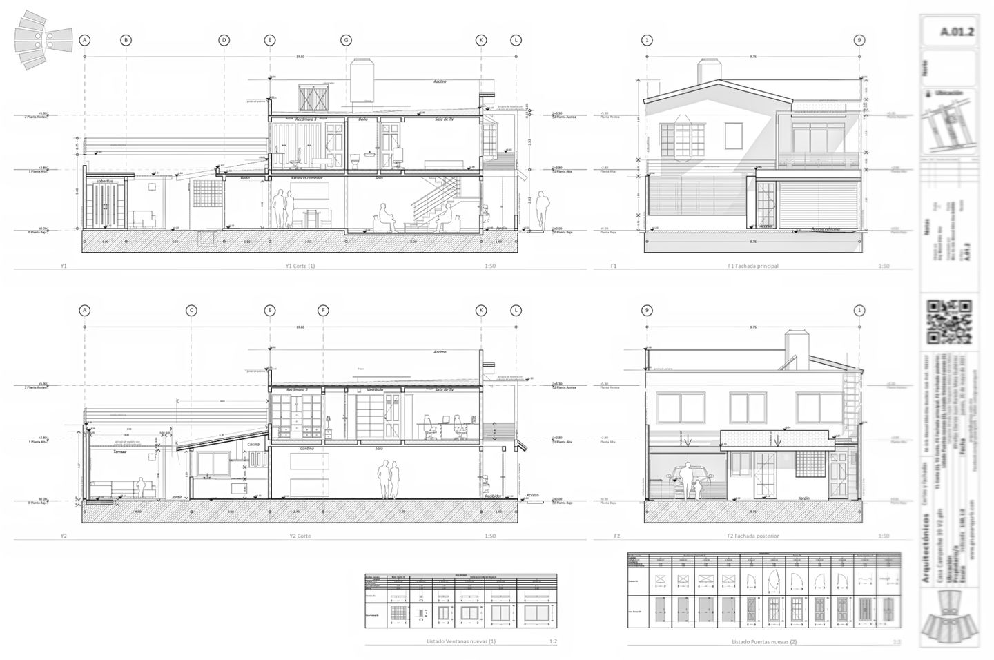 Secciones y alzados de Casa C-39 mostrando ampliaciones, desniveles en sala y comedor, vestidor y fachada con pérgola de madera.