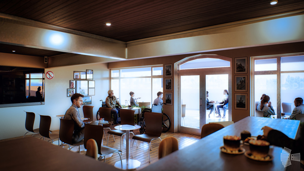 Vista desde la barra de la Pastelería Grupo EBOR, destacando un acceso principal elegante y funcional.