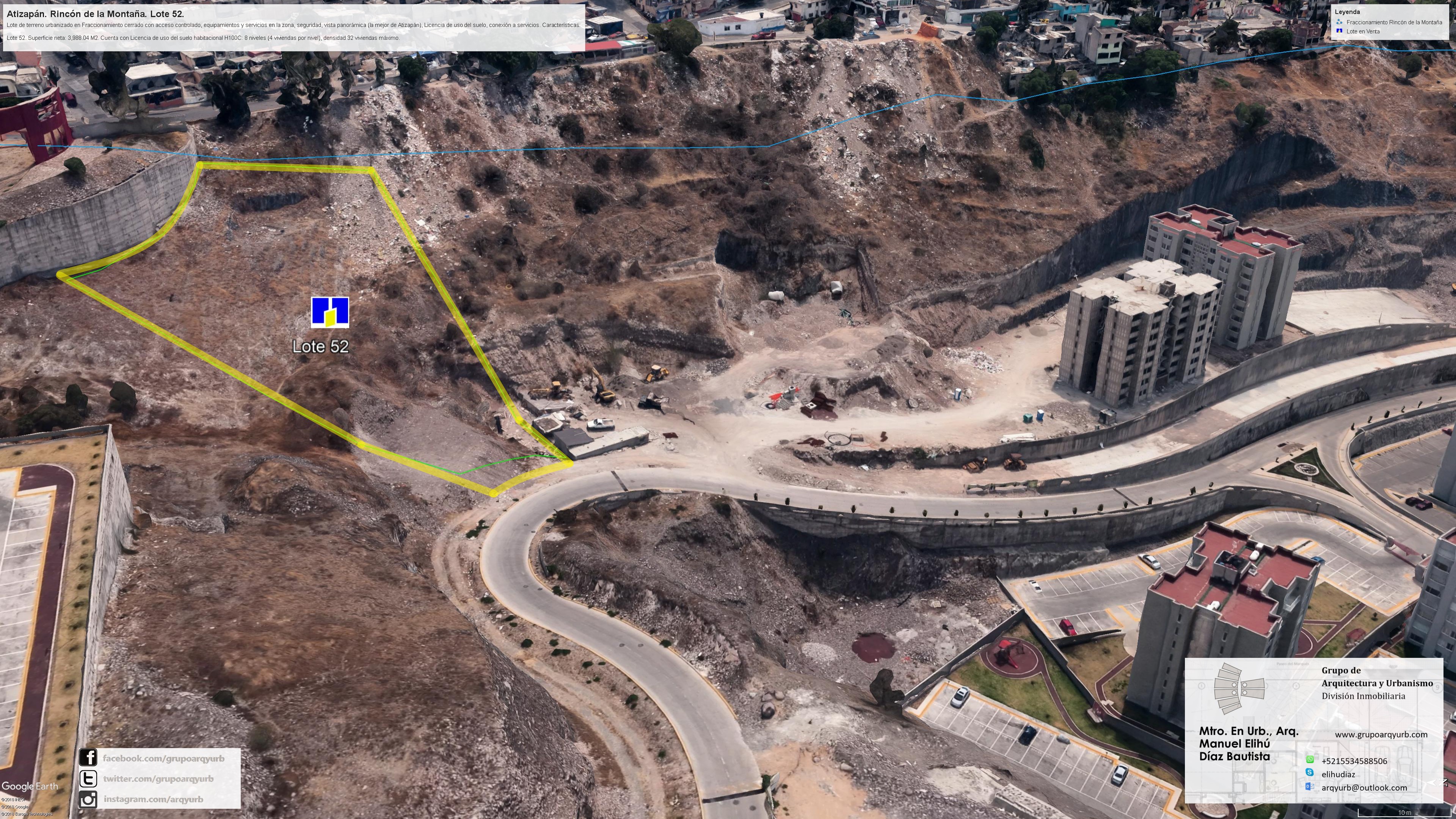 La pendiente ascendente fue el rasgo que distinguió mi evaluación del lote 52. Promoví con Homex un terreno de 3,988.04 m² netos dentro de Rincón de la Montaña, con acceso controlado, servicios y vistas panorámicas. El relieve obligaba a relacionar el ingreso con los niveles de desplante y la posición de la torre, en lugar de valorar sólo la superficie.
En aquella promoción se manejó el uso habitacional H100C y una licencia para ocho niveles, con cuatro viviendas por nivel. El escenario correspondía a 8 × 4 = 32 viviendas como máximo. La capacidad indicada no eliminaba las decisiones de implantación: accesos, excavaciones y relación entre edificio y pendiente seguían siendo parte sustantiva del análisis.
La cercanía al Ayuntamiento, la UNITEC, el IMSS y Multiplaza Alamedas —con referencias de diez minutos en la oferta— situaba el predio dentro de un entorno de servicios consolidado. El precio de promoción fue de $13,751,000 MXN.