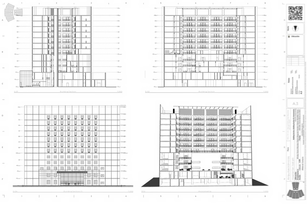 Fachadas y cortes arquitectónicos con volumetría optimizada, integración lumínica natural y tecnología médica avanzada. 
