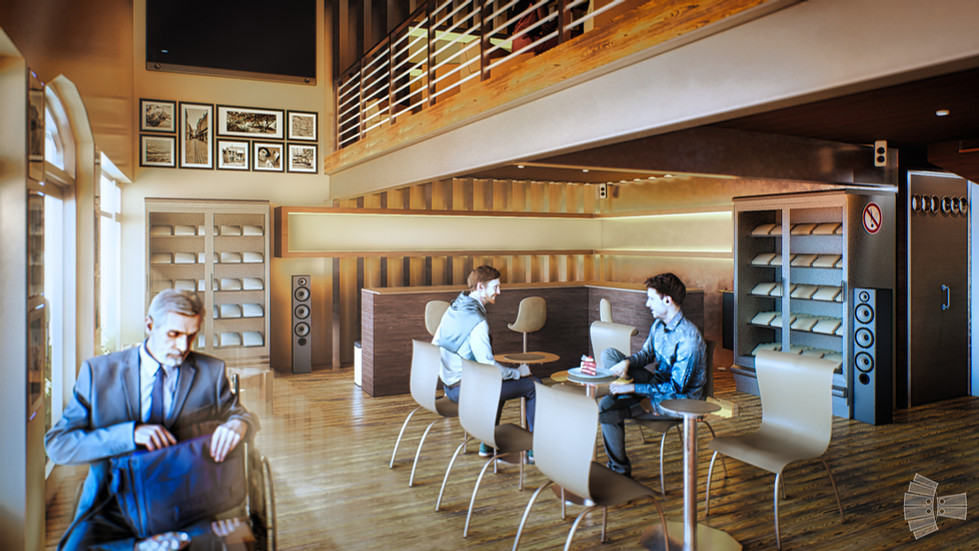 Interior accesible de la Pastelería Grupo EBOR por la mañana, con diseño inclusivo y cálido.