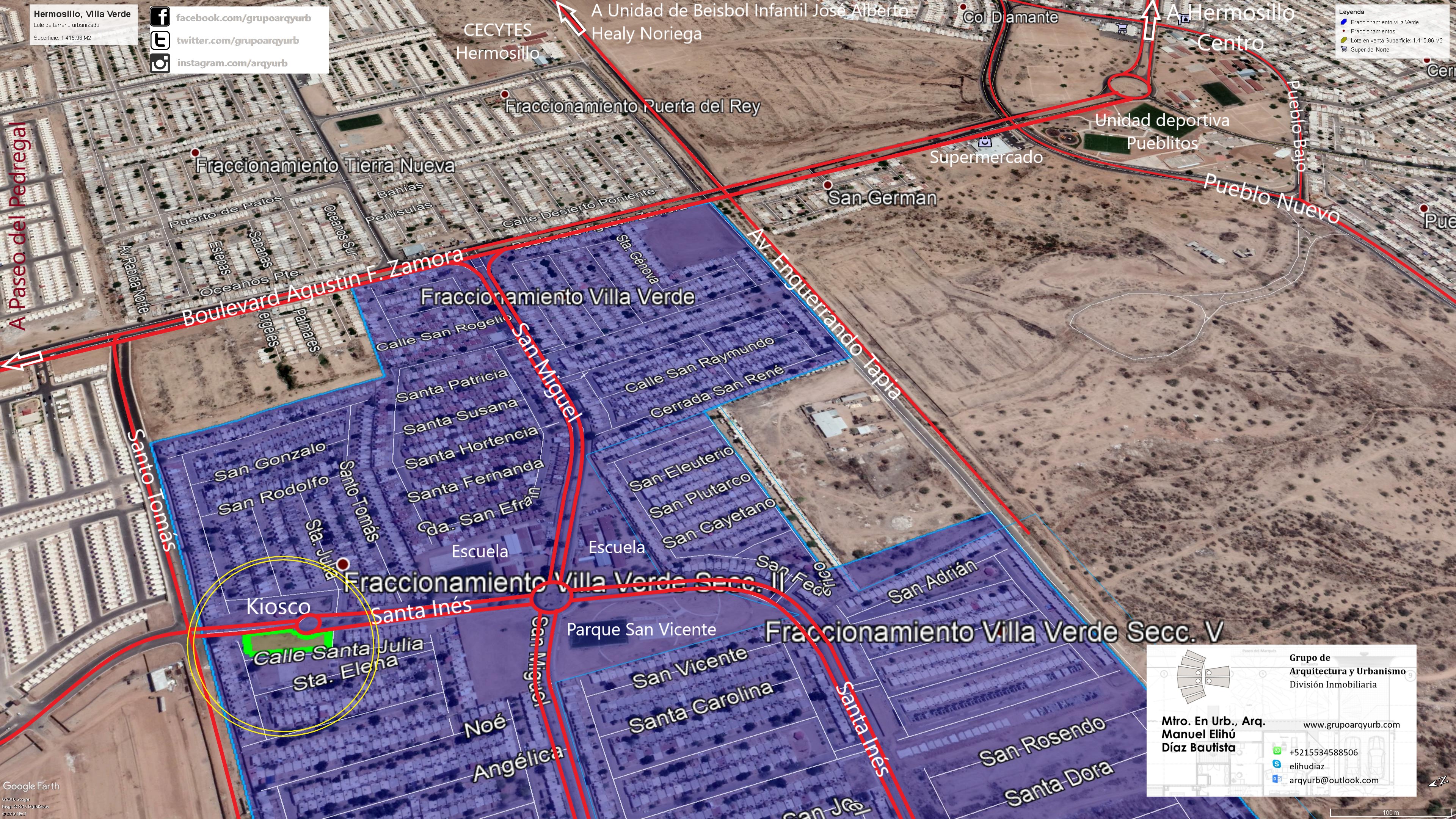Una esquina sobre el bulevar Santa Anita y la calle Santa Julia definió el interés de Villa Verde. Evalué y promoví con Homex el lote 18, de 1,415.96 m², dentro de un desarrollo urbanizado del sector de expansión de Hermosillo.
El uso señalado era habitacional y comercial. La relación con una glorieta y una vialidad primaria daba al predio una exposición distinta de la de un lote interior. En su entorno predominaba la vivienda de interés social, por lo que la lectura de los accesos y de los servicios de proximidad resultaba relevante para el programa comercial.
La promoción utilizó una referencia de veinte minutos al centro de la ciudad. El precio solicitado era de $1,247,000 MXN.