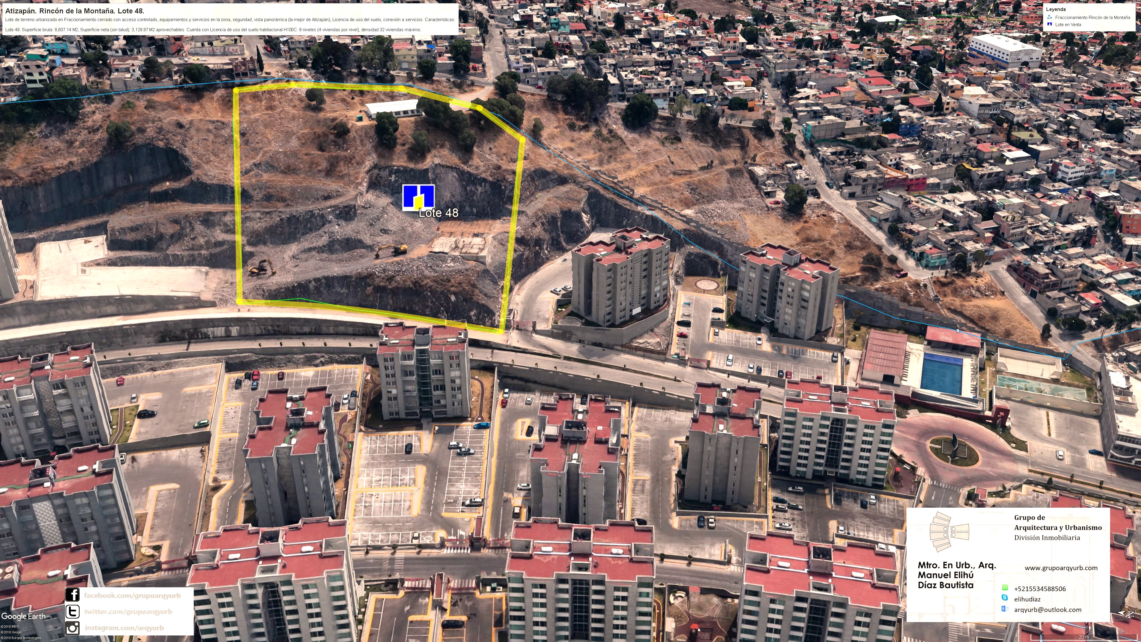 En el lote 48, el talud cambió la lectura de la reserva. Evalué el predio y promoví su venta con Homex distinguiendo 8,607.14 m² de superficie bruta de los 3,129.87 m² netos sin talud. La diferencia era de 5,477.27 m²: sólo alrededor del 36.36% de la superficie bruta correspondía al área neta indicada. Esa proporción resultaba mucho más informativa que anunciar únicamente el tamaño total.
El terreno se encontraba en un desarrollo urbanizado con acceso controlado, conexión a servicios y equipamientos próximos. La promoción señalaba uso habitacional H100C y licencia para ocho niveles, con cuatro viviendas por nivel: 8 × 4 = 32 viviendas como máximo para el lote. El número de niveles y la capacidad total eran parámetros distintos; no se debían sumar ni multiplicar nuevamente.
Mi análisis relacionó esos parámetros con el relieve, el acceso y la implantación del edificio. La secuencia de aproximación y las vistas entre las torres admitían una lectura de visión serial, en el sentido de Gordon Cullen: una forma de entender cómo el conjunto se percibía en movimiento y no sólo desde un punto fijo.
Durante la promoción se señalaron diez minutos al Ayuntamiento, la UNITEC, el IMSS y Multiplaza Alamedas. El precio solicitado fue de $13,751,000 MXN.