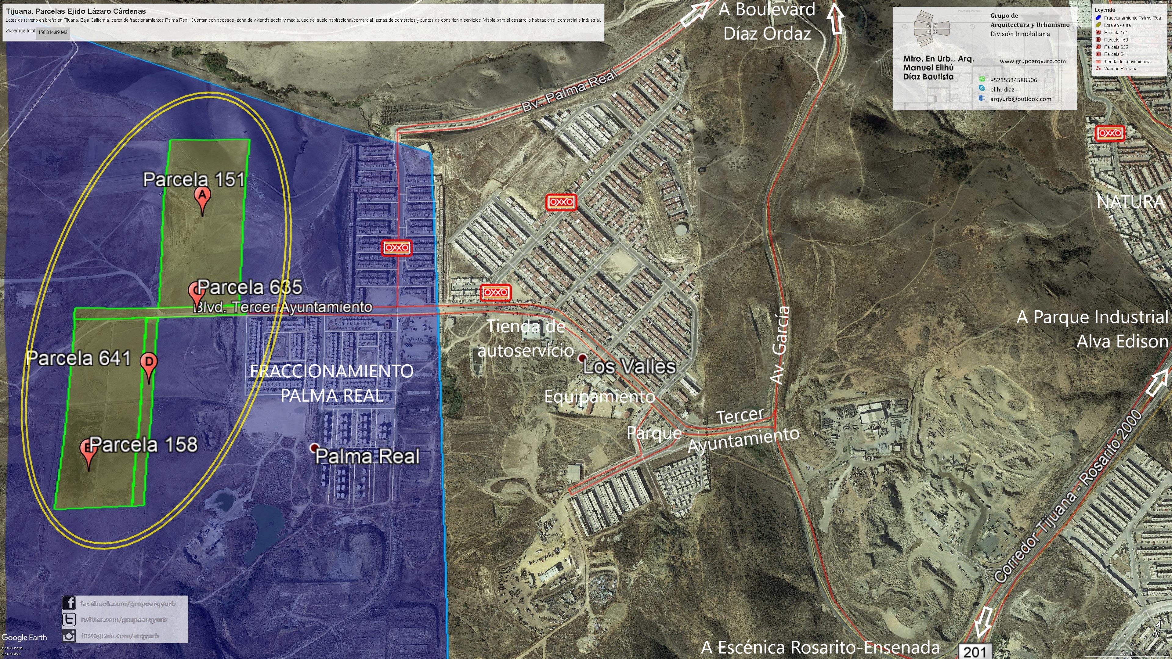 La evaluación de estas parcelas me llevó a estudiar una reserva de 158,814.892 m² vinculada al desarrollo Palma Real, en la periferia de Tijuana. Participé en su promoción comercial con Homex, considerando un proyecto de lotificación para vivienda de interés social y medio, con una referencia de uso habitacional y comercial.
El plano reunía varias piezas de suelo y permitía reconocer su posición respecto de las áreas habitacionales. La tarea territorial consistía en leer la continuidad entre esas piezas, los accesos y la trama urbana existente. En una reserva de aproximadamente 15.88 hectáreas, el tamaño era relevante, pero también lo era la manera de integrar el desarrollo a la ciudad. La delimitación original y el archivo de localización sustentaron esta lectura territorial.
