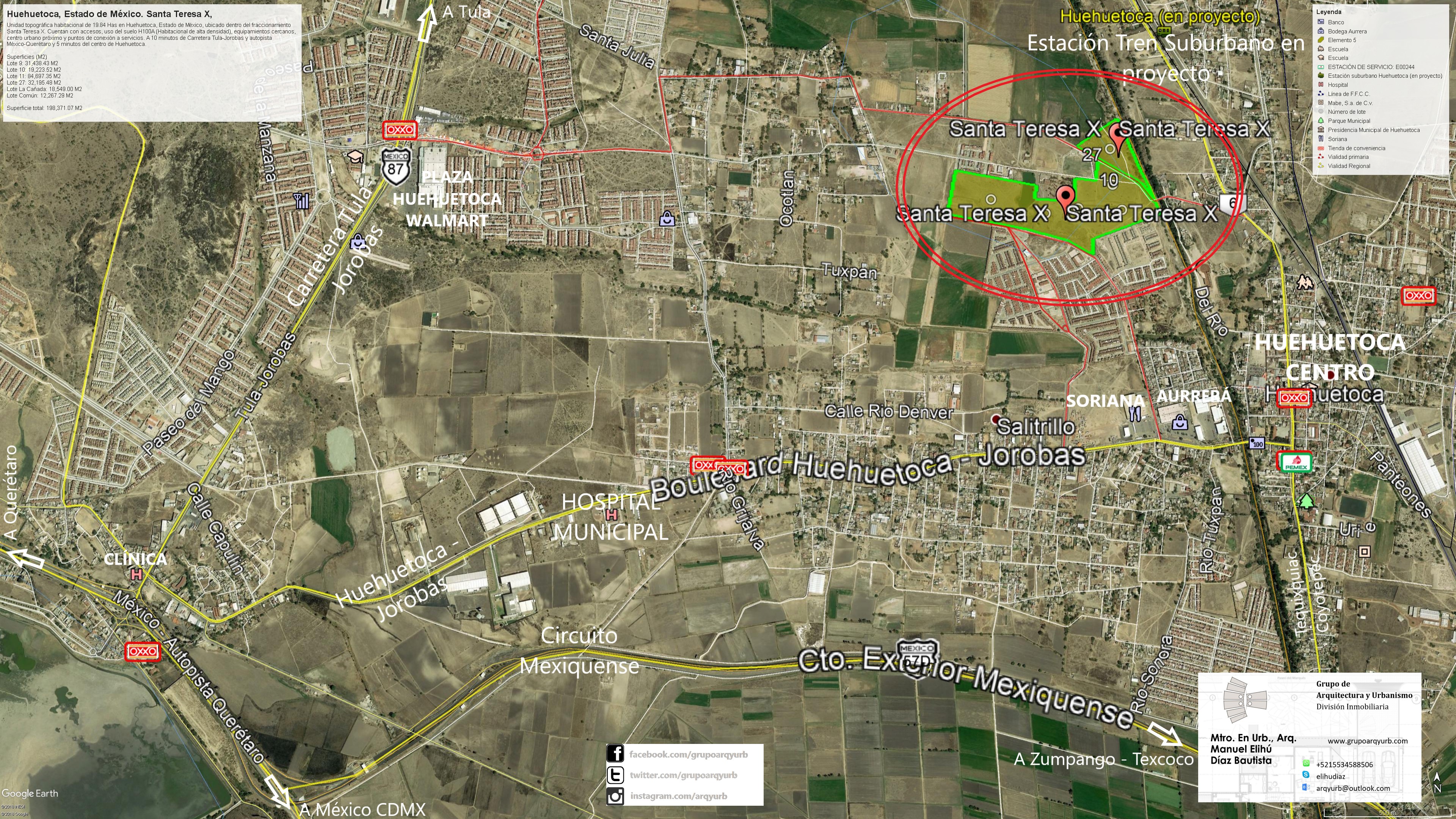 En Santa Teresa X trabajé con una unidad territorial de 198,371.07 m², aproximadamente 19.84 hectáreas, para su evaluación y promoción con Homex. El uso del suelo que manejamos era H100A. La reserva se insertaba en el corredor de expansión de Huehuetoca, con referencias de acceso de diez minutos a la carretera Tula–Jorobas y a la autopista México–Querétaro, y cinco minutos al centro municipal, según las condiciones de aquella etapa.
La unidad reunía seis componentes: lote 9, 31,438.43 m²; lote 10, 19,223.52 m²; lote 11, 84,697.35 m²; lote 27, 32,195.48 m²; La Cañada, 18,549 m²; y área común, 12,267.29 m². Su suma era 198,371.07 m². Distinguir las piezas resultaba importante: una unidad topográfica no convertía automáticamente toda su superficie en área vendible. La cañada y el área común tenían una función diferente de los lotes para implantación.
El trabajo consistió en relacionar esa estructura predial con los accesos y el desarrollo habitacional del entorno. El precio solicitado durante la promoción fue de $109,105,000 MXN.