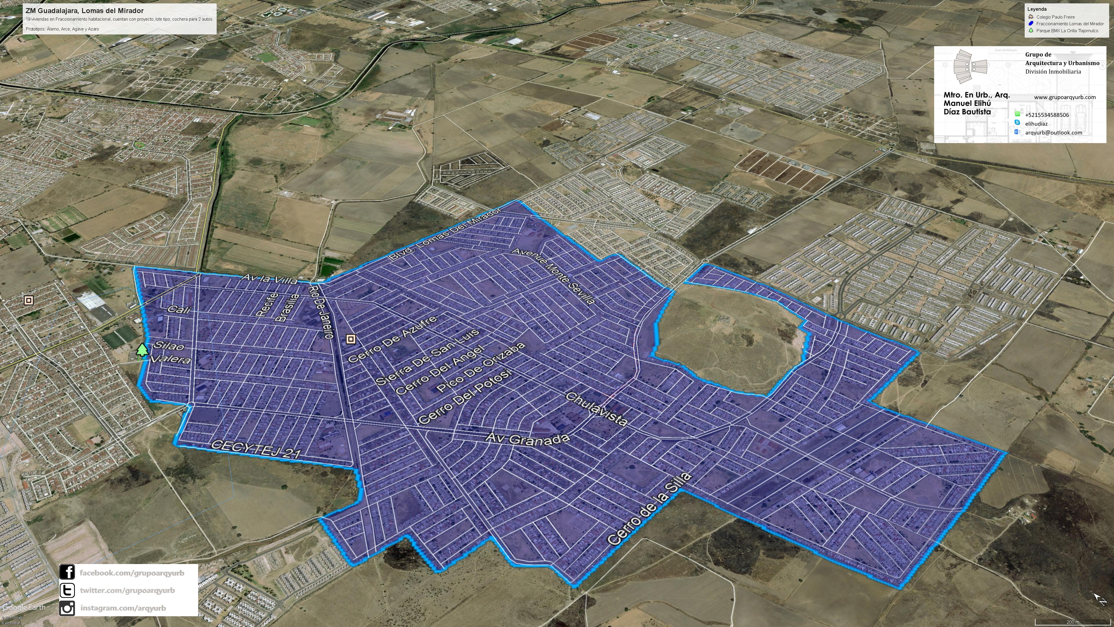 En Lomas del Mirador evalué y promoví con Homex diecinueve viviendas dentro del desarrollo habitacional. La imagen original indicaba que contaban con proyecto, lote tipo y cochera para dos automóviles, con los prototipos Álamo, Arce, Agave y Azaro.
El plano permitía seguir la estructura del bulevar Lomas del Mirador, las avenidas Monte Sevilla y Granada y la calle Cerro de la Silla. También situaba equipamientos como el CECyTEJ 21 y espacios recreativos del entorno. Mi lectura relacionó las viviendas con esa red cotidiana de calles y servicios, en lugar de atribuirles la superficie del desarrollo completo.
El material revisado no indicó una superficie conjunta de las diecinueve viviendas; por ello, la escala del caso se expresa mediante la cantidad de unidades y sus características originales.