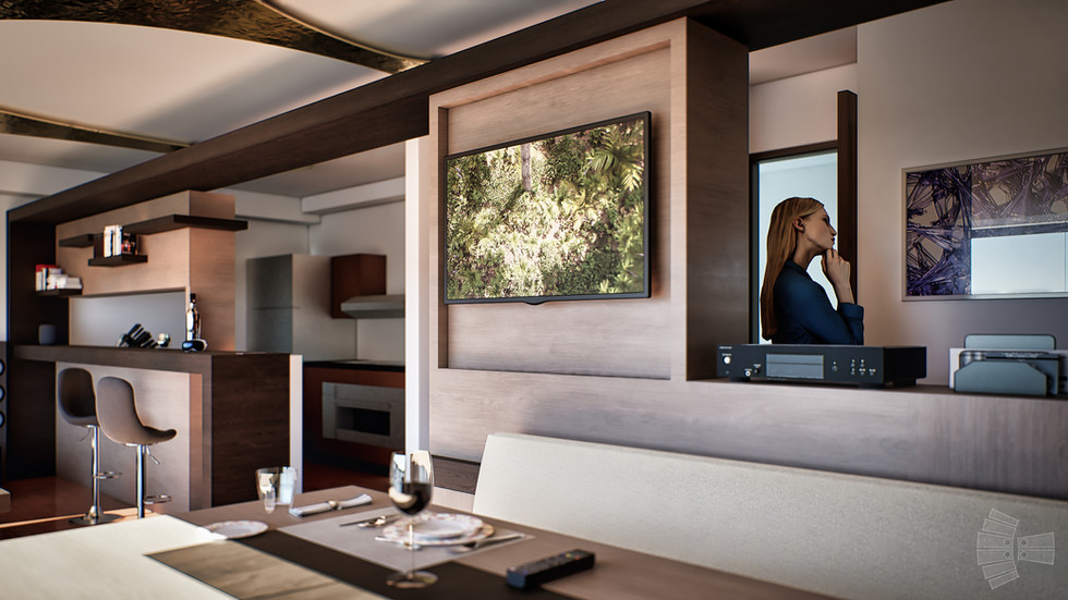 Vista desde el comedor del departamento Moliere destacando el mueble de madera, Homepods y amplificador Denon.