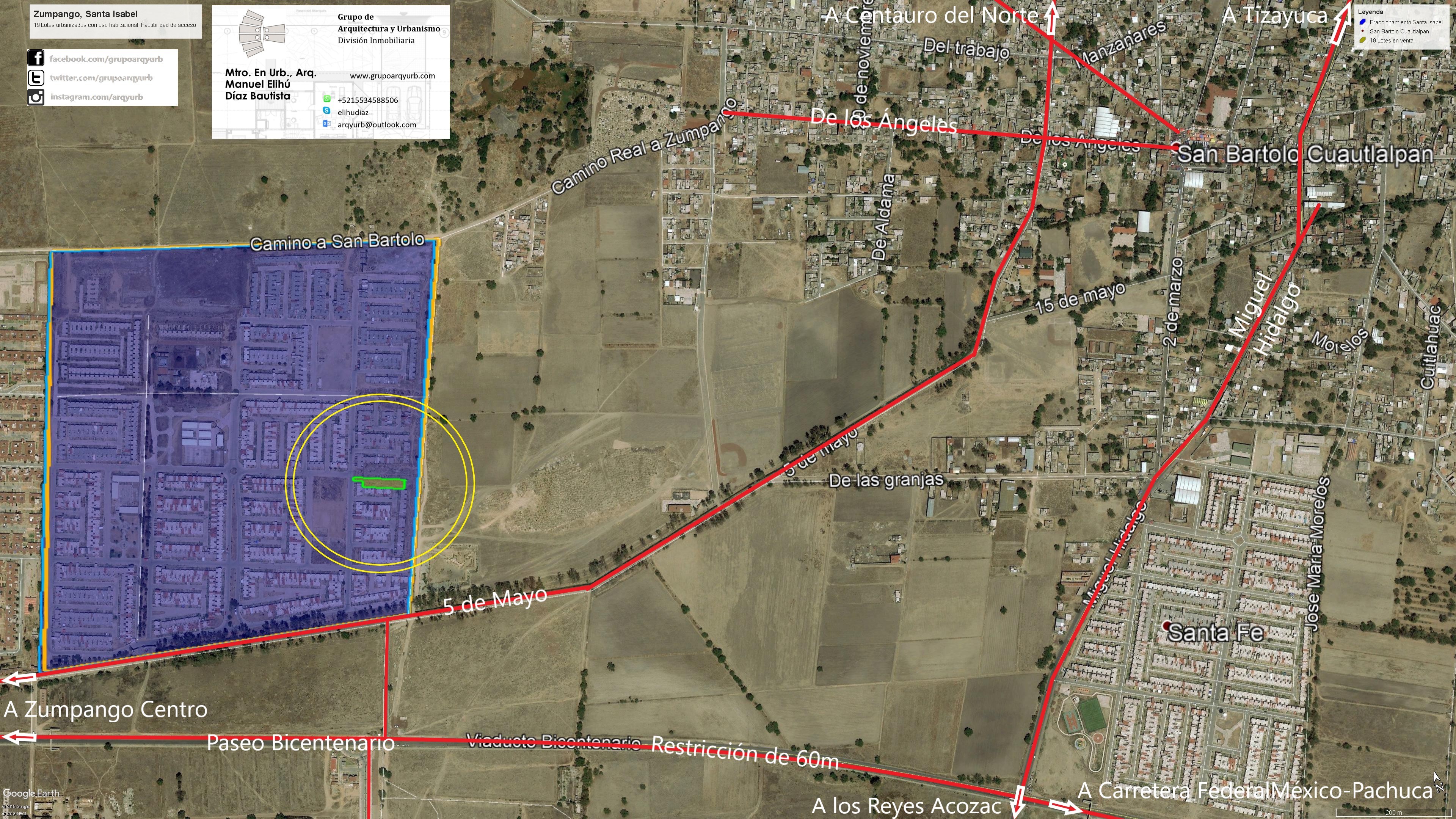 En esta intervención trabajé con diecinueve lotes de Santa Isabel para su evaluación y promoción con Homex. El catálogo los ubicaba sobre Paseo Bosques de Helechos, al este de Zumpango de Ocampo, con acceso por el Viaducto Bicentenario, y registraba una superficie total de 1,200.31 m².
Se trataba de suelo habitacional urbanizado dentro de una zona de crecimiento. La evaluación atendió la relación de los lotes con las calles y los servicios del desarrollo, distinguiéndolos del terreno comercial de la antigua hacienda, que fue otra oferta.
La publicación se denominó “19 lotes habitacionales” y utilizó referencias de cinco minutos a Paseo Bicentenario y diez minutos al entonces nuevo aeropuerto de Santa Lucía. El precio conjunto de promoción fue de $11,077,000 MXN.