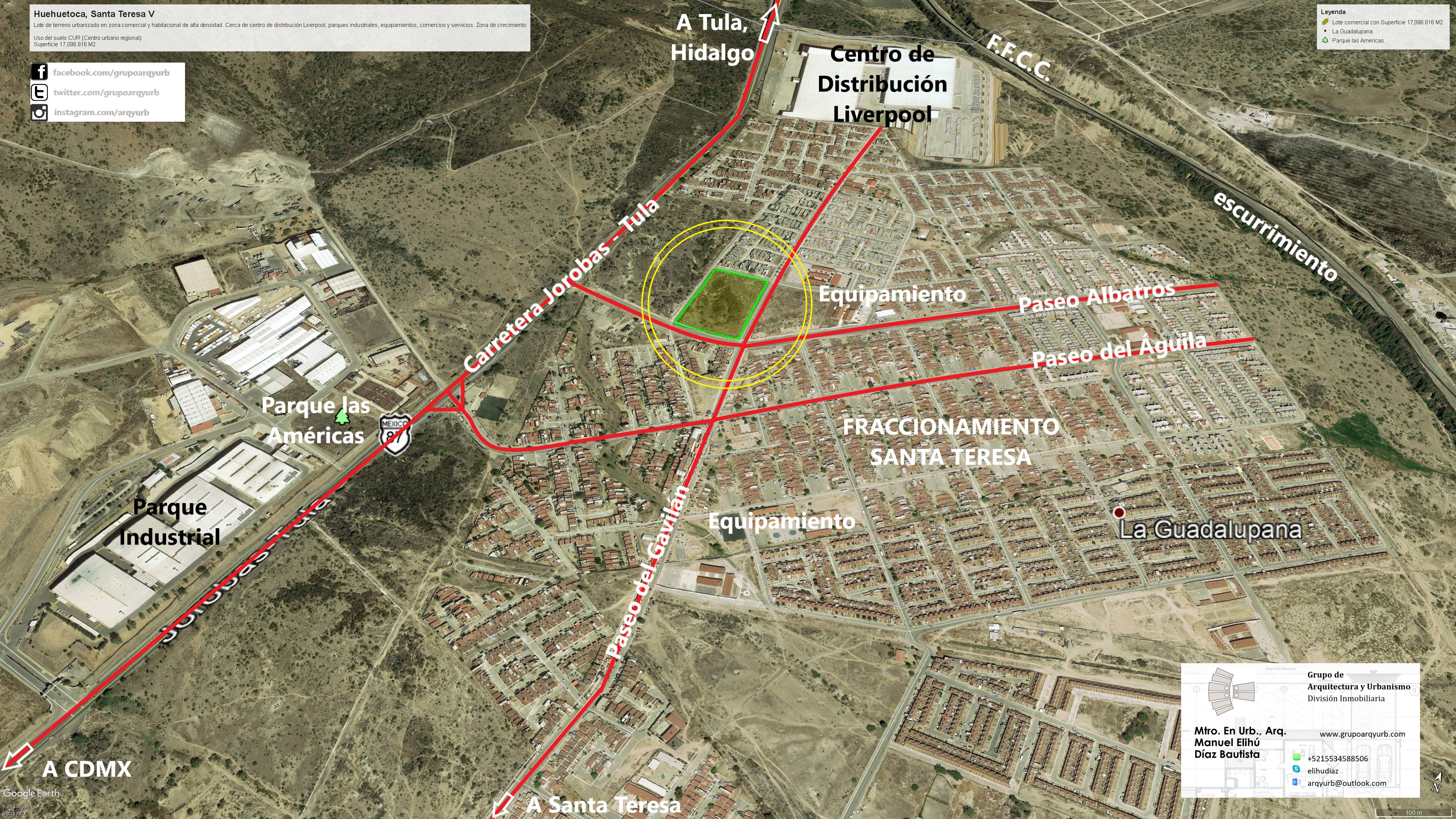 La esquina de Paseo del Gavilán y Paseo del Albatros dio carácter a este caso. Evalué y promoví con Homex un terreno de 17,096.82 m² dentro del desarrollo Santa Teresa, con dos frentes y uso CUR, Centro Urbano Regional. La clave era relevante por su relación con actividades comerciales y de servicio a una población residente, no por una simple etiqueta de lote comercial.
En aquella presentación se describía un desarrollo de 58,000 viviendas y la proximidad de escuelas primarias y secundarias. Se consideraron alternativas como mercado, centro comercial, supermercado y bodegas. El análisis vinculaba esos programas con los flujos del bulevar principal, los accesos y la demanda del entorno habitacional.
El catálogo situaba Paseo del Albatros al sur, Paseo del Gavilán al este y Paseo Piscis al norte; señalaba 200 metros a Tula–Jorobas y 500 metros al centro de distribución Liverpool. La página comercial manejó 100 metros a la carretera y cinco minutos a Liverpool. Las dos referencias correspondían a materiales distintos de promoción y no se trataron como mediciones equivalentes.
El precio de promoción fue de $35,733,000 MXN.